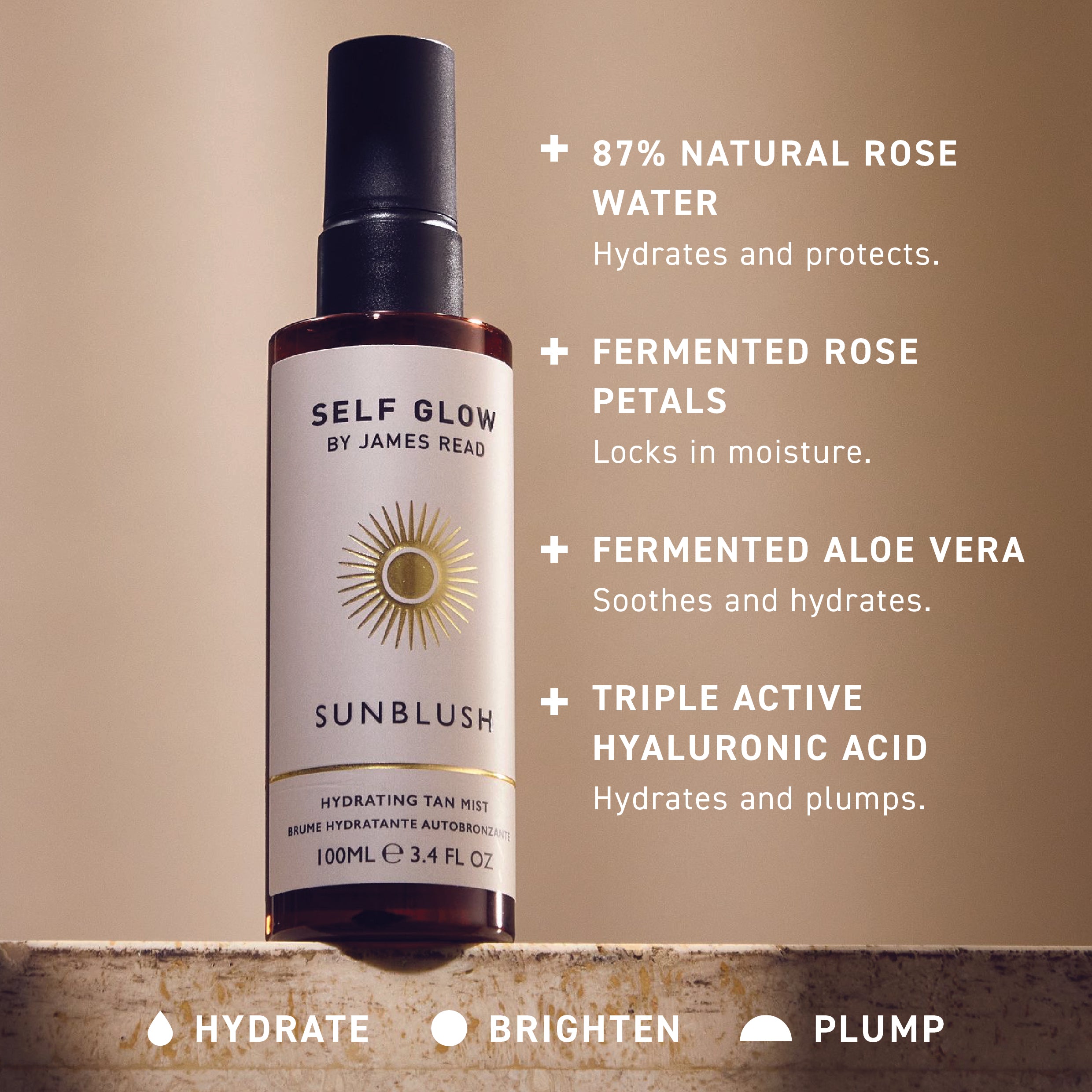 A graph displaying the benefits of each key ingredient in Self Glow by James Read Sunblush Hydrating Tan Mist, including 88% rosewater, fermented rose petals, plant-based DHA, 3D hyaluronic acid and fermented aloe vera.