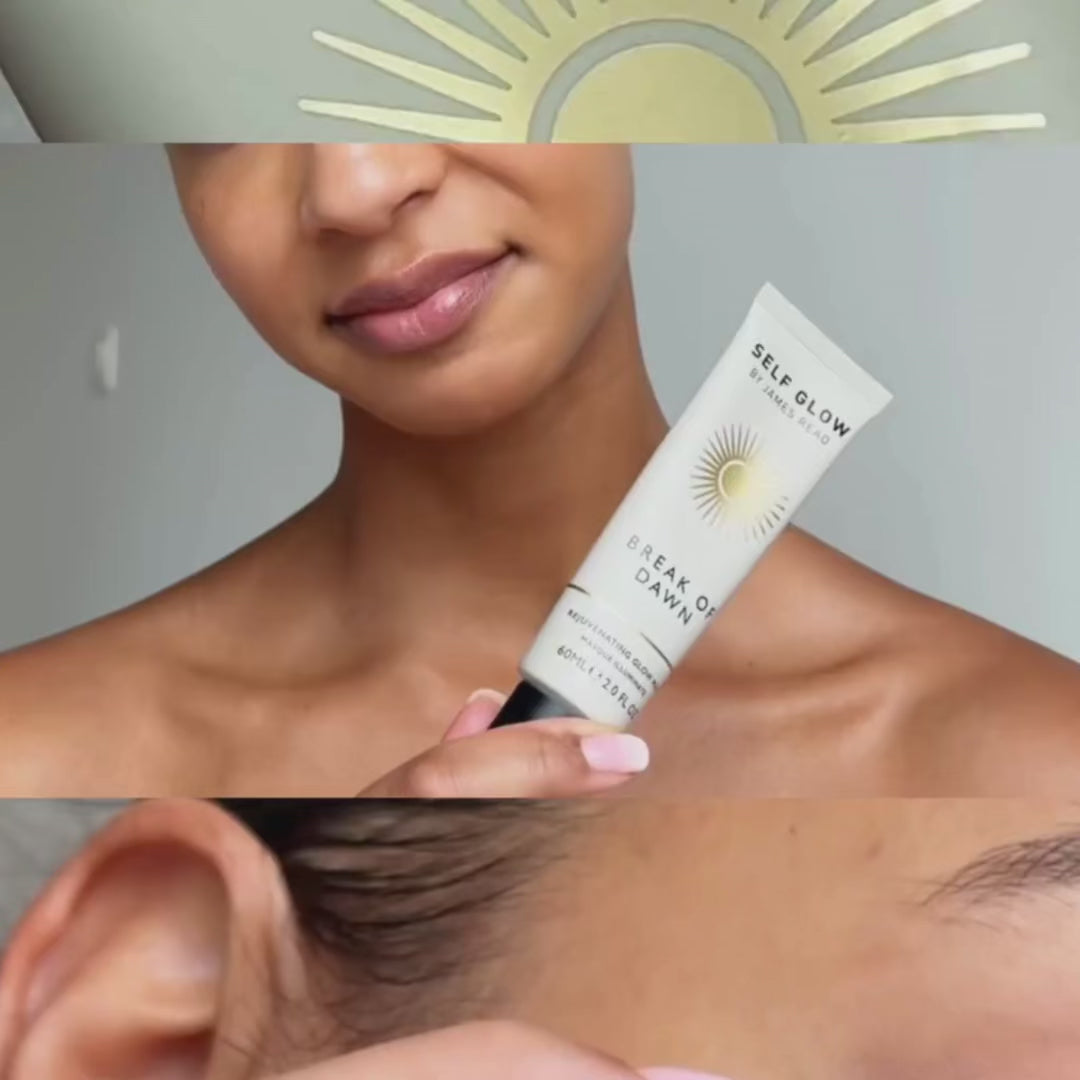 A video of a woman applying Self Glow by James Read Rejuvenating Mask, showing its beautiful texture and revealing glowing, healthy skin and warm complexion after application