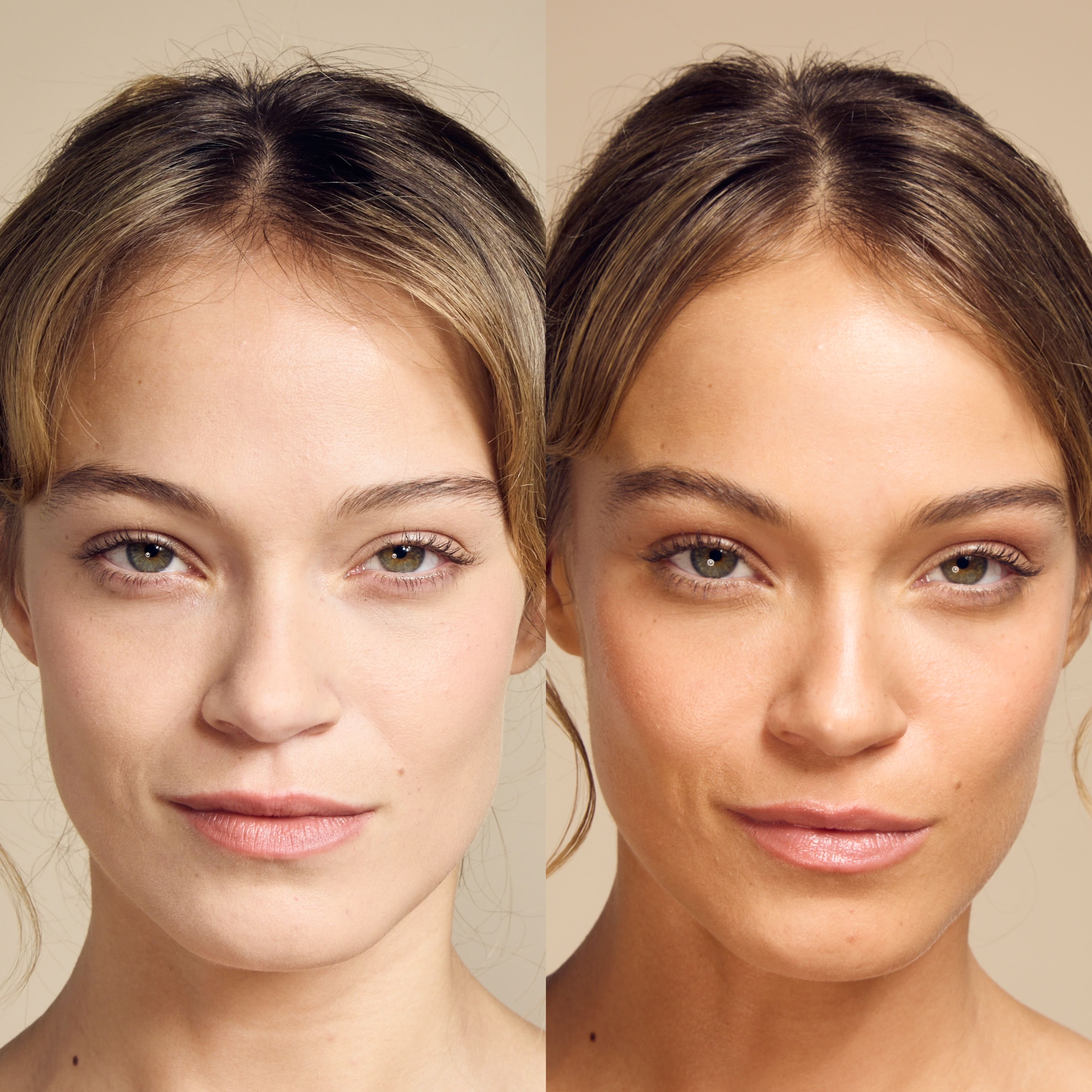 Before and after results on a woman's face, demonstrating how Self Glow by James Read Sunbright Tinted Tan Drops are suitable and inclusive for all skin types, tones, and ages, offering instant radiance and a customizable glow.