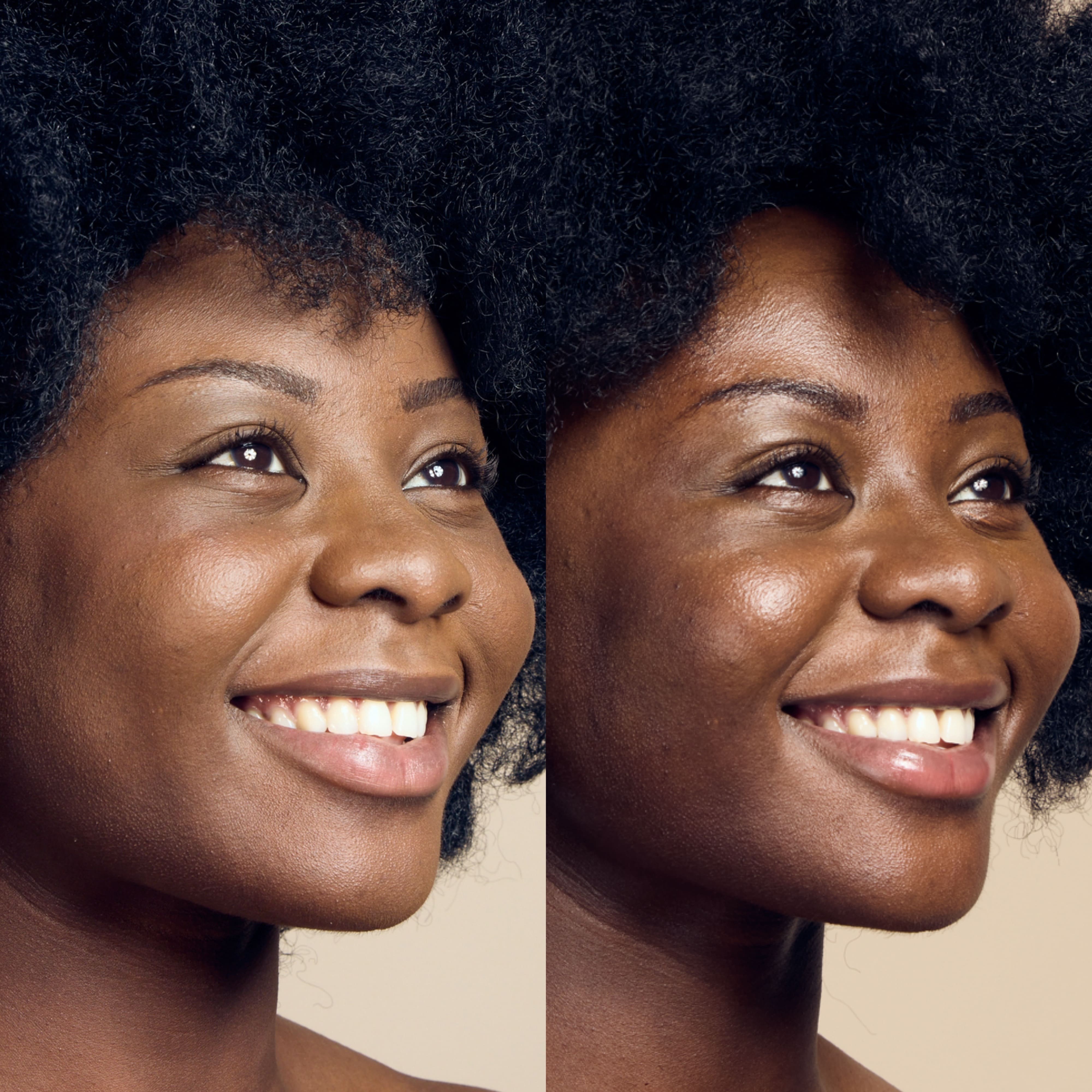 Before and after results on a black woman, demonstrating how Self Glow by James Read fake tan products, including the Dusk to Dawn Overnight Tan Facial, are suitable and inclusive for all skin types and tones.