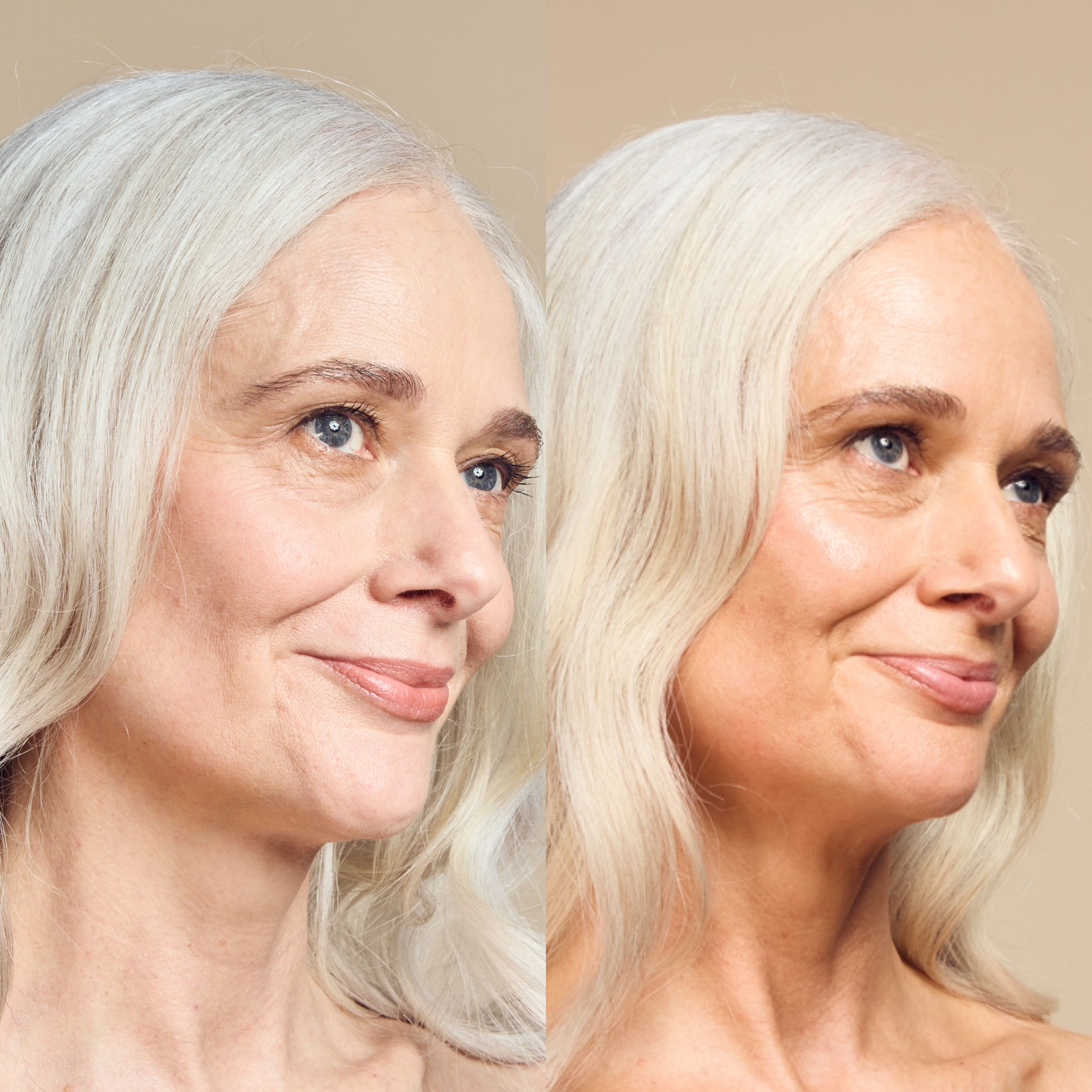 Before and after comparison of an older white lady with grey hair, showcasing her radiant, glowing skin after applying the Self Glow by James Read Break of Dawn Rejuvenating Glow Mask.