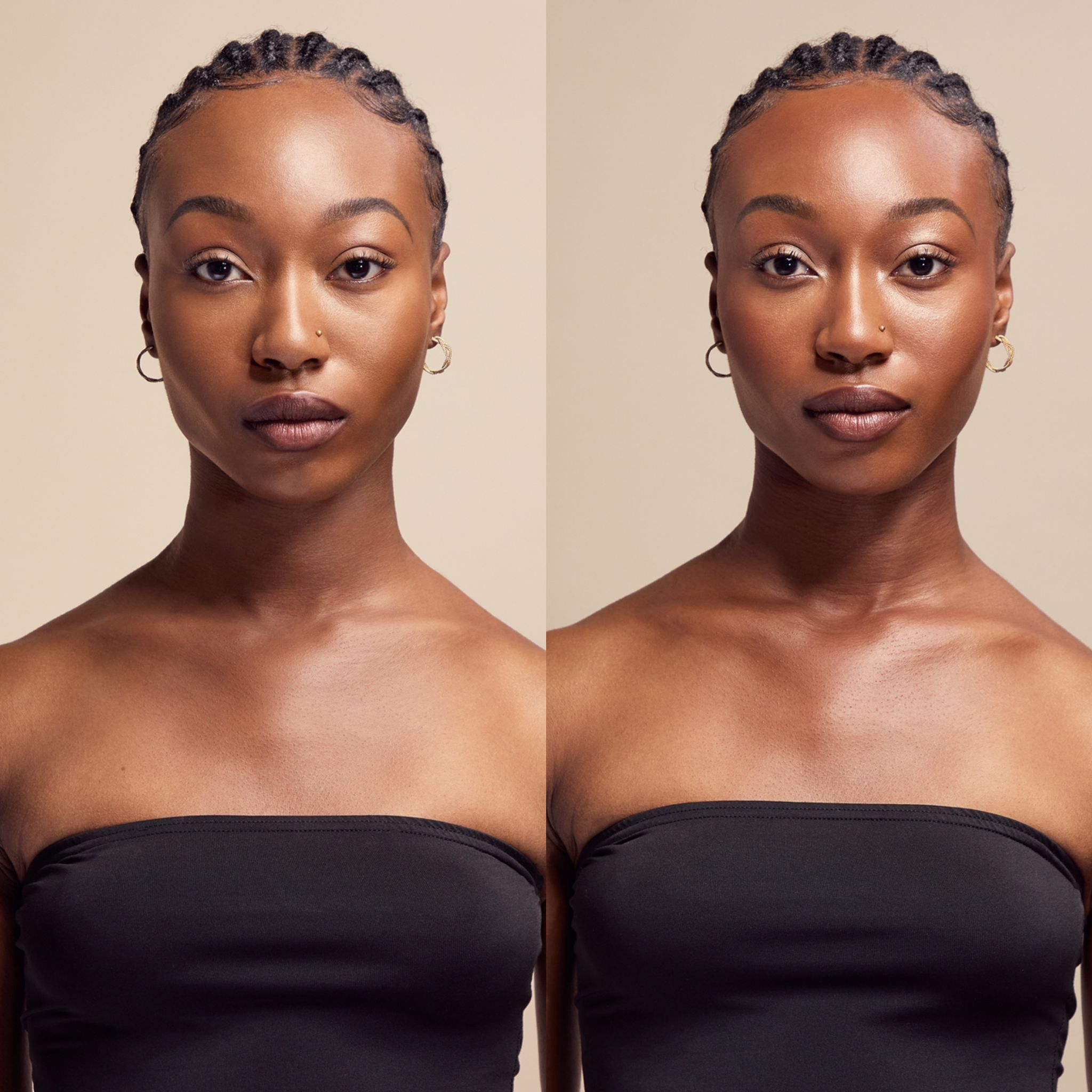 Before and after image showing a black female face with natural, glowing skin after using Self Glow by James Read Sunblush Hydrating Tan Mist.