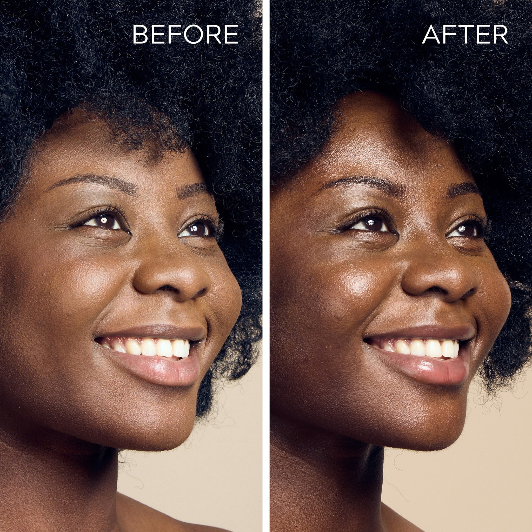 Before and after results on a black woman, demonstrating how Self Glow by James Read fake tan products, including the Dusk to Dawn Overnight Tan Facial, are suitable and inclusive for all skin types and tones.