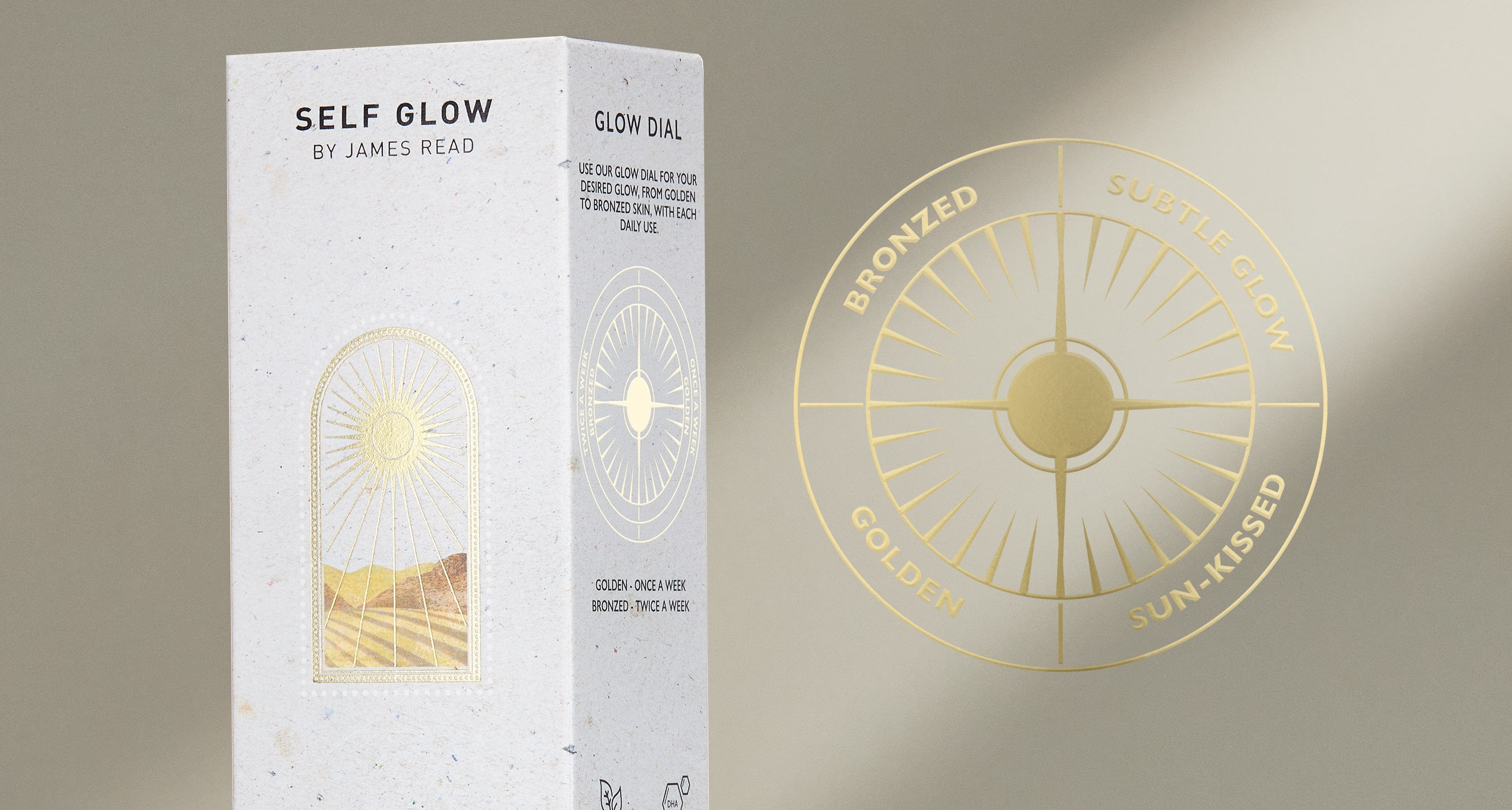 Step 2 on how to apply Self Glow by James Read sunless tanning: Follow product-specific instructions, featuring an image of the product box and gold foiled glow dial.