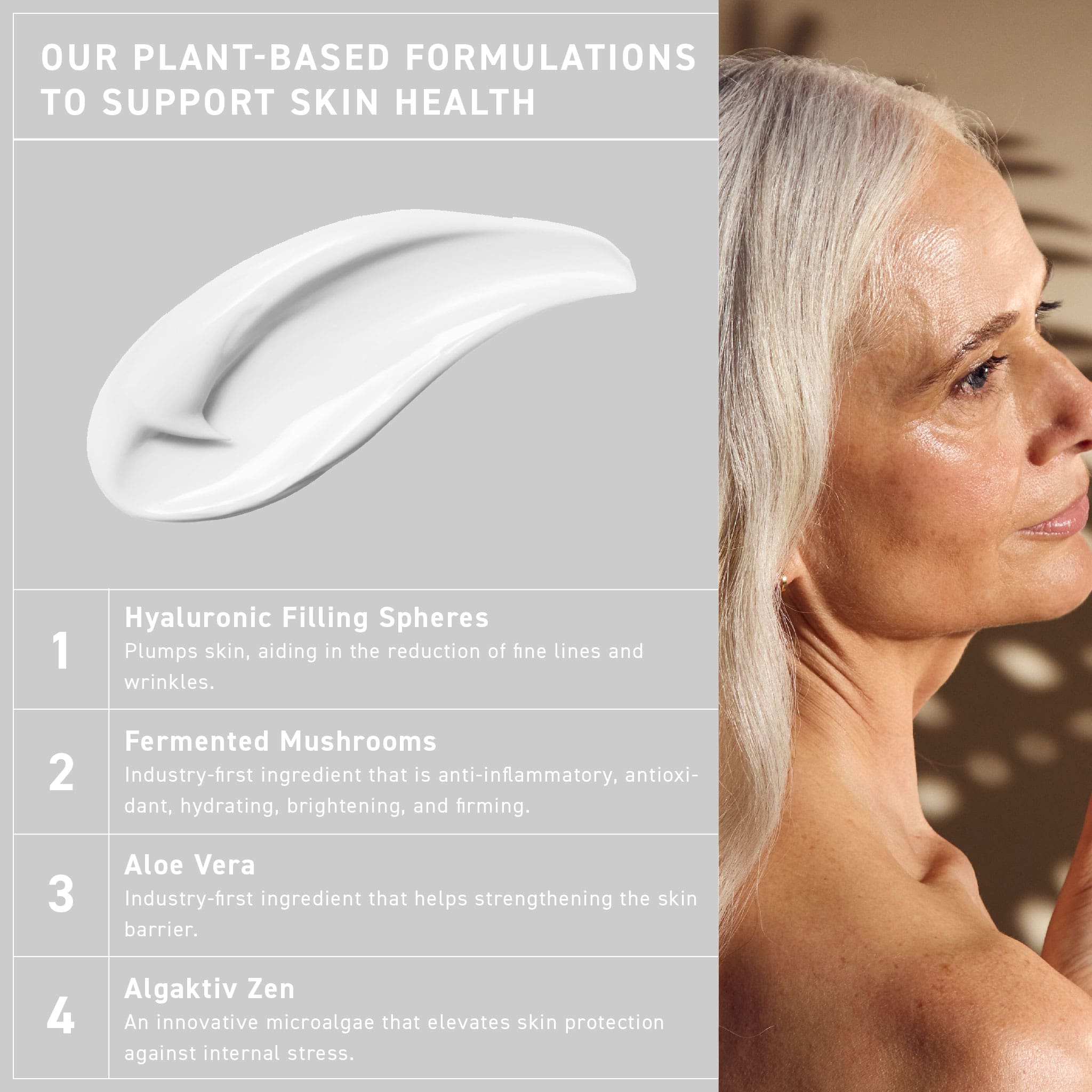 A graph displaying the benefits of each key ingredient in Self Glow by James Read Dusk to Dawn Overnight Tan Facial, including Hyaluronic filling spheres, Fermented mushrooms, Aloe vera, and Algaktiv Zen, working together for optimal skin health.